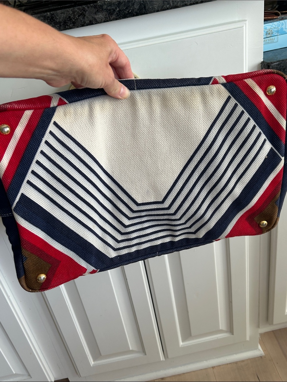 Prada Striped Canvas Tote in Red, Navy & Brown - Picture 10 of 10